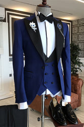 Blue 3 Piece Prom Suit with Black Peaked Lapel